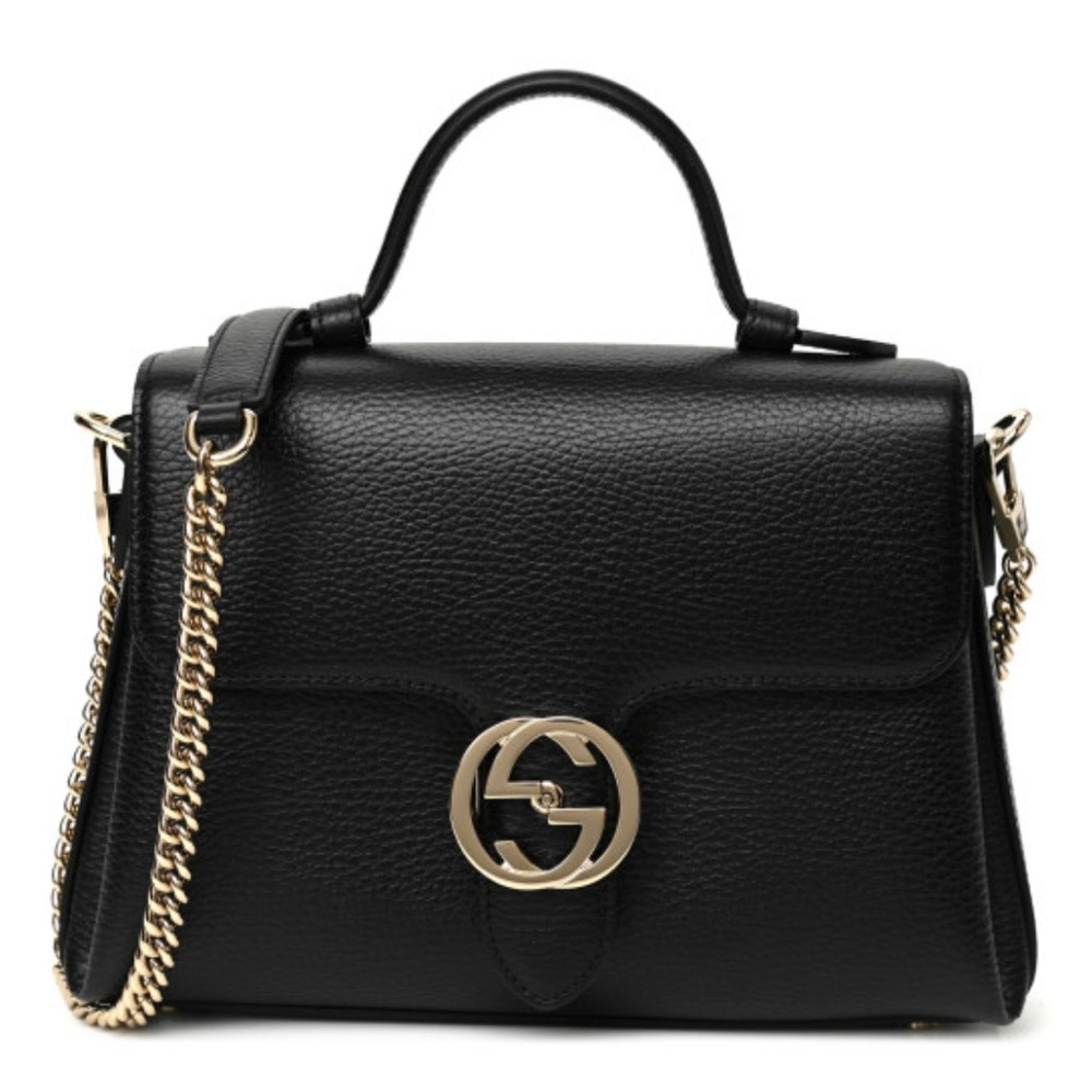 GUCCI Dollar Calfskin Interlocking G Top Handle Shoulder Bag Black